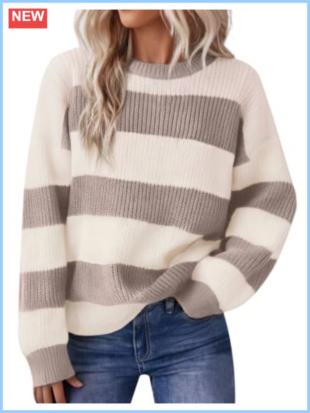 Womens Color Block Striped Pullover Sweater Crew Neck Long Sleeve Knit Top